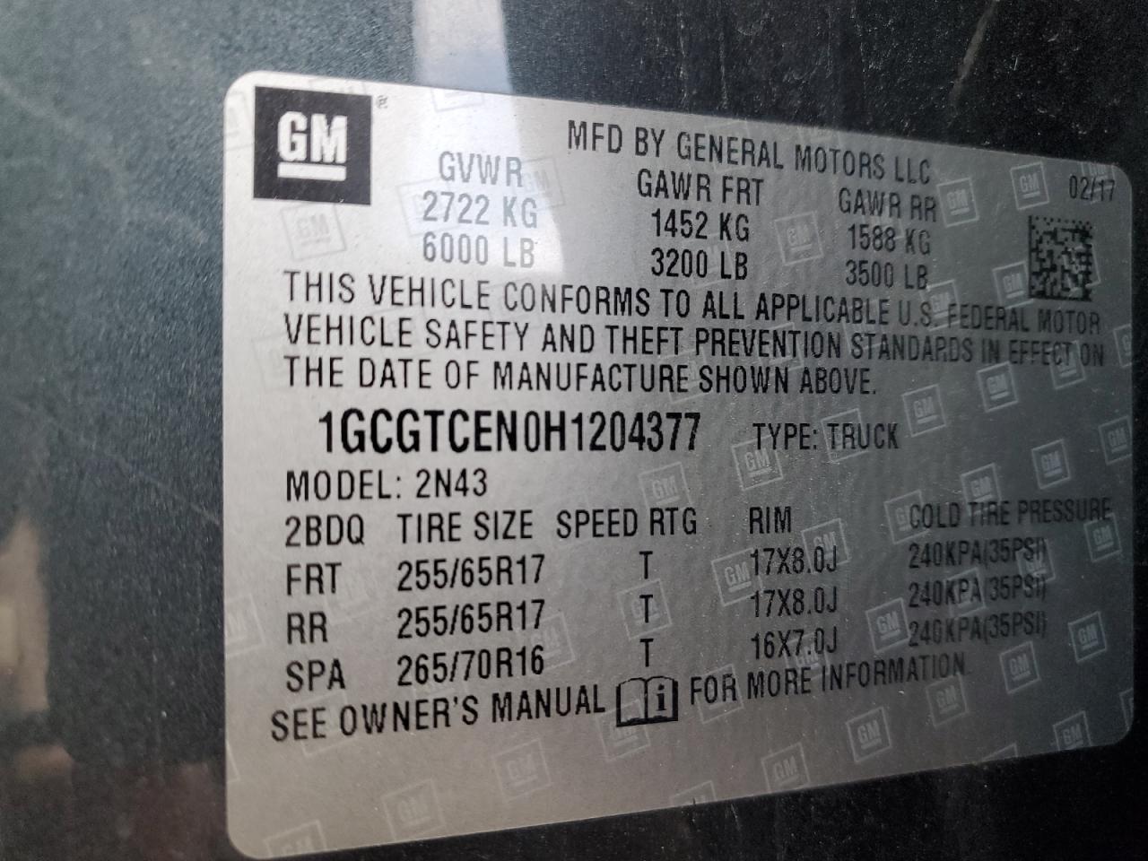 2017 Chevrolet Colorado Lt VIN: 1GCGTCEN0H1204377 Lot: 93154805