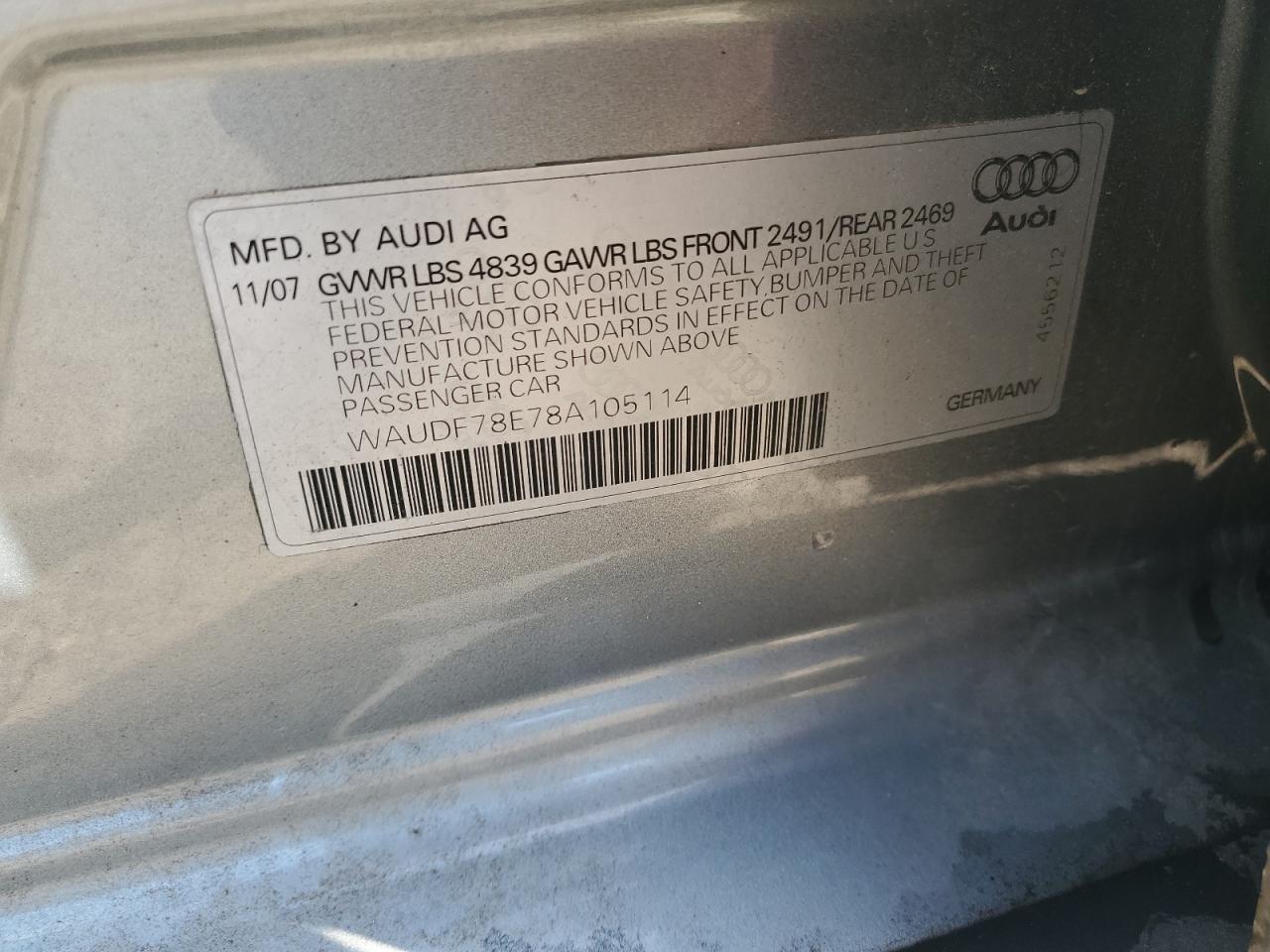 2008 Audi A4 2.0T Quattro VIN: WAUDF78E78A105114 Lot: 91683115