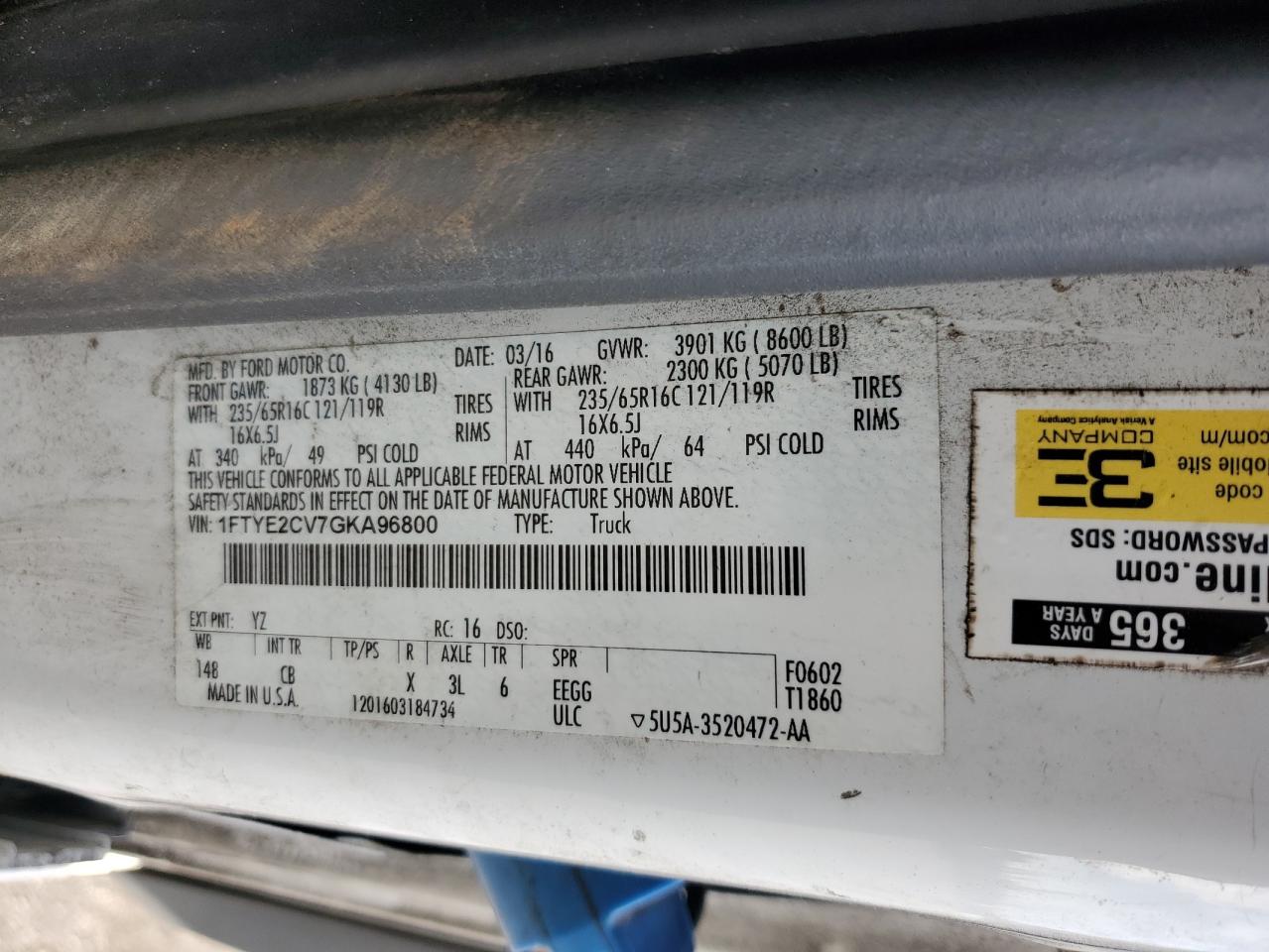 2016 Ford Transit T-150 VIN: 1FTYE2CV7GKA96800 Lot: 93567355