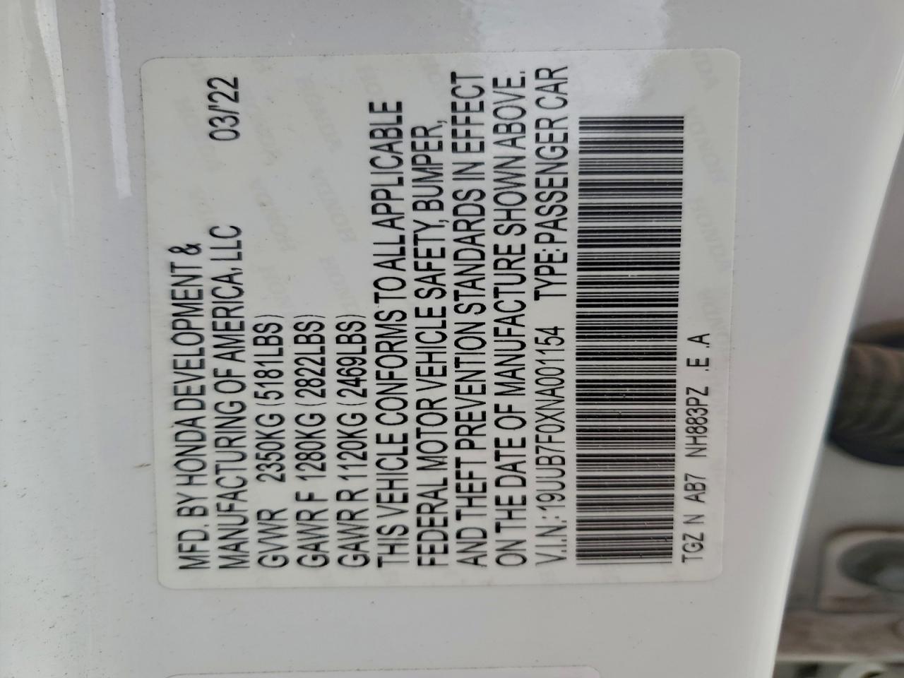 2022 Acura Tlx Type S VIN: 19UUB7F0XNA001154 Lot: 92746955