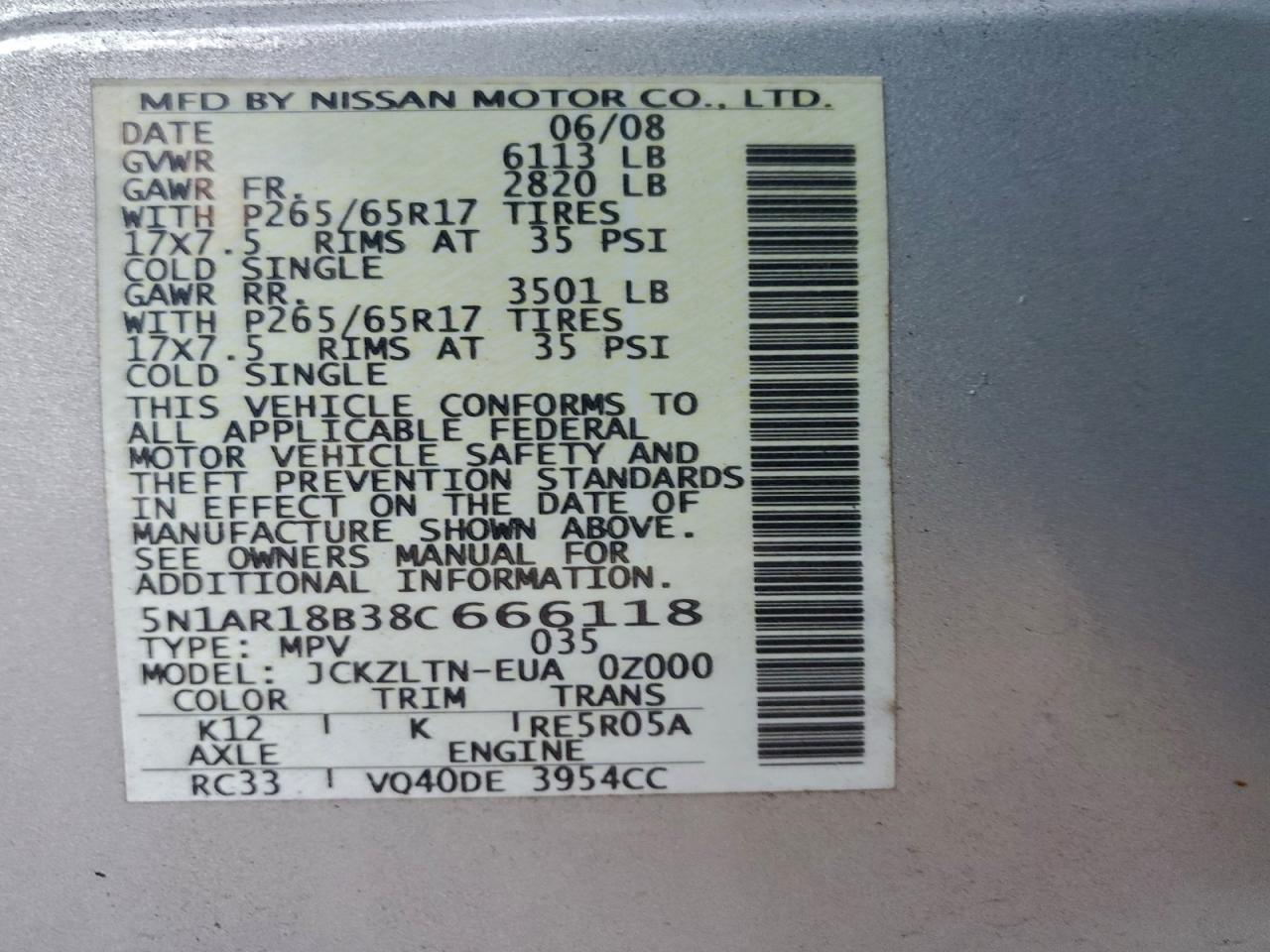 2008 Nissan Pathfinder S VIN: 5N1AR18B38C666118 Lot: 94657065