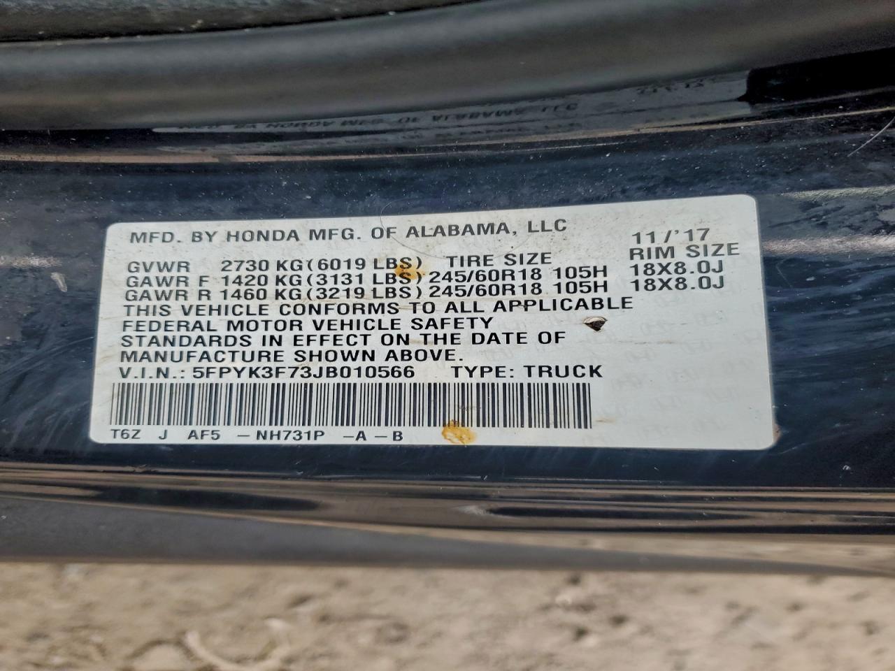 2018 Honda Ridgeline Rtl VIN: 5FPYK3F73JB010566 Lot: 93596735