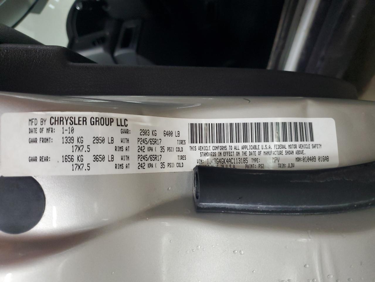 2010 Jeep Commander Sport VIN: 1J4RG4GK4AC113185 Lot: 92651485