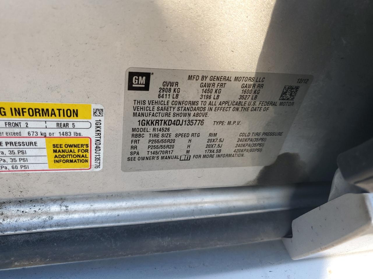 2013 GMC Acadia Denali VIN: 1GKKRTKD4DJ135776 Lot: 92459665