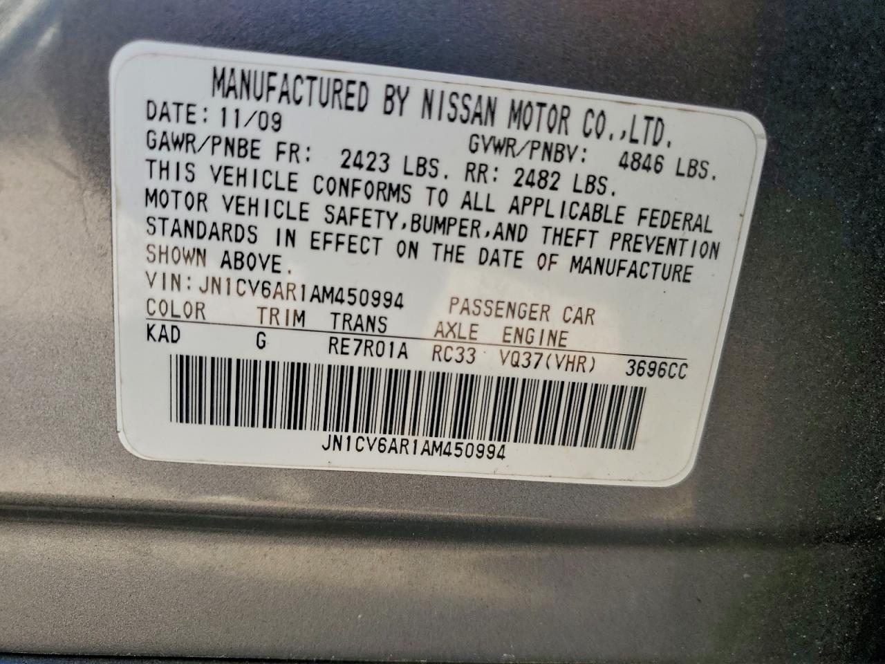 2010 Infiniti G37 VIN: JN1CV6AR1AM450994 Lot: 93723165