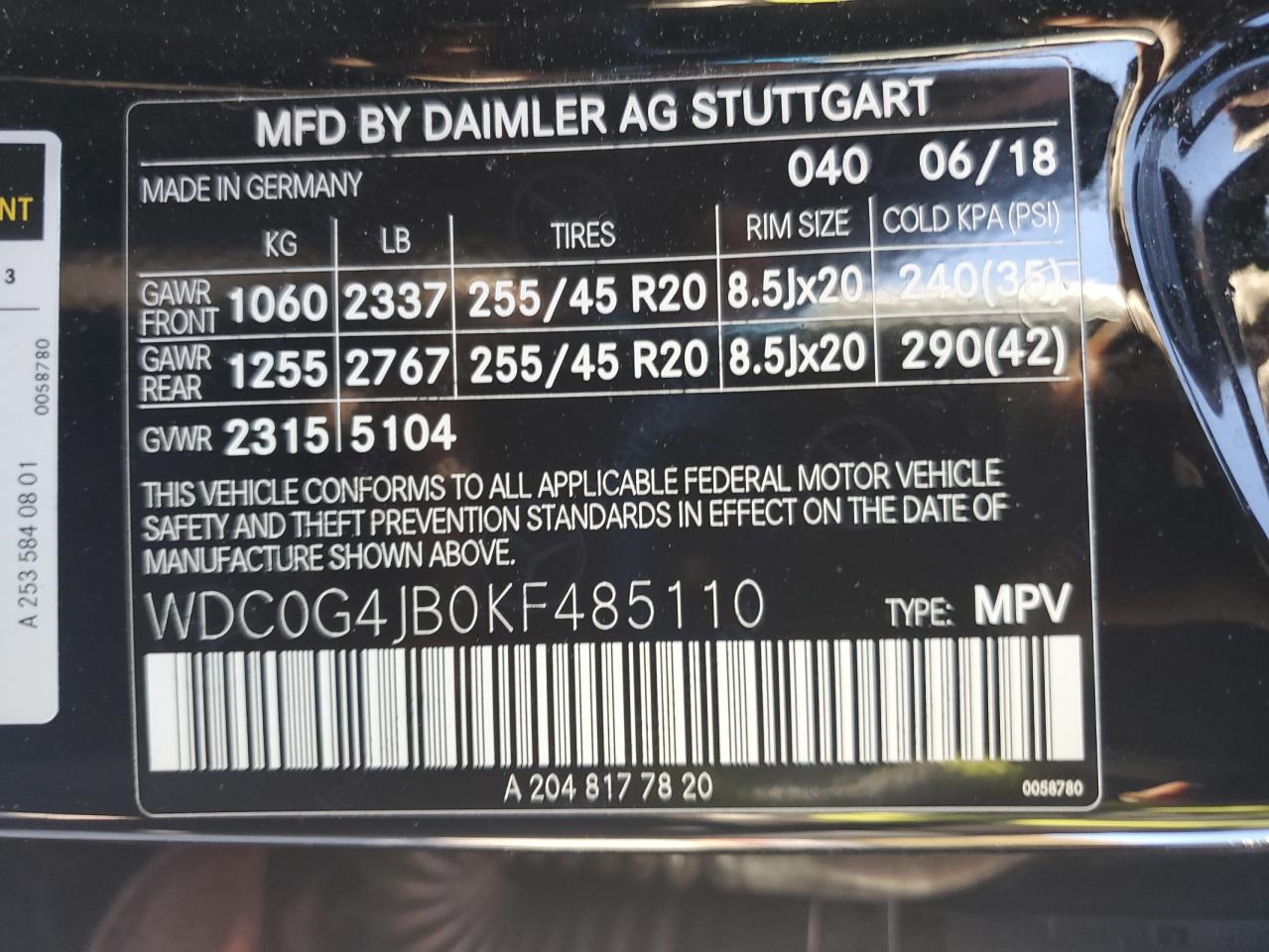 2019 Mercedes-Benz Glc 300 VIN: WDC0G4JB0KF485110 Lot: 90896385