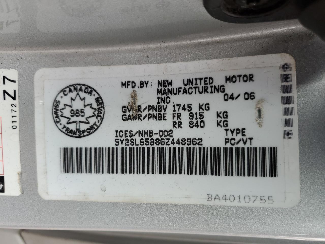 2006 Pontiac Vibe VIN: 5Y2SL65886Z448962 Lot: 92386855