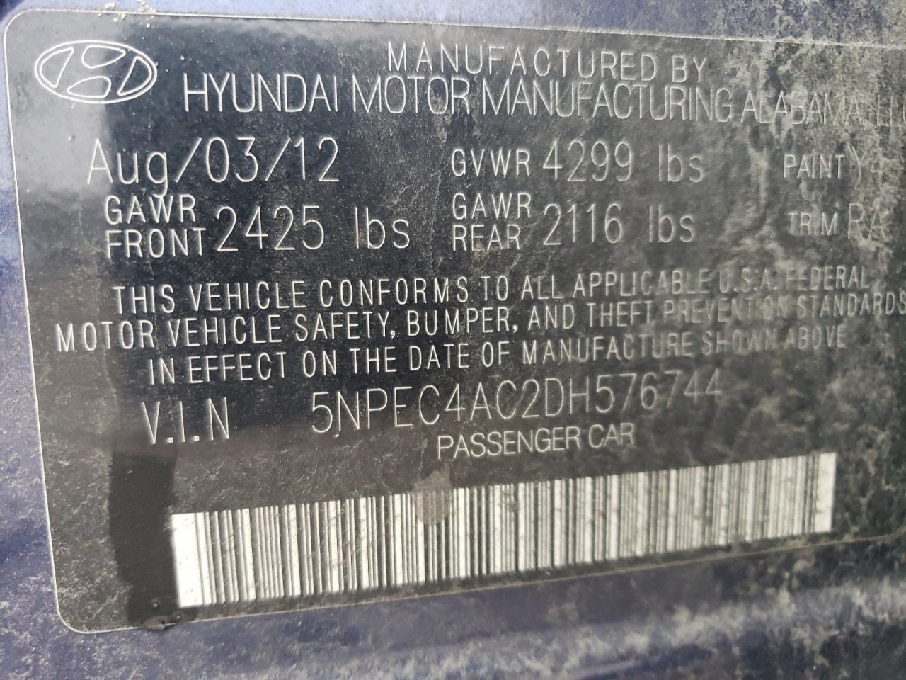 2013 Hyundai Sonata Se VIN: 5NPEC4AC2DH576744 Lot: 93772115