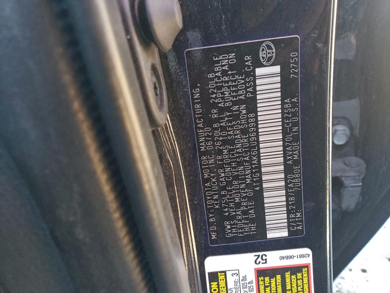 2020 Toyota Camry Se VIN: 4T1G11AK6LU969988 Lot: 94169435