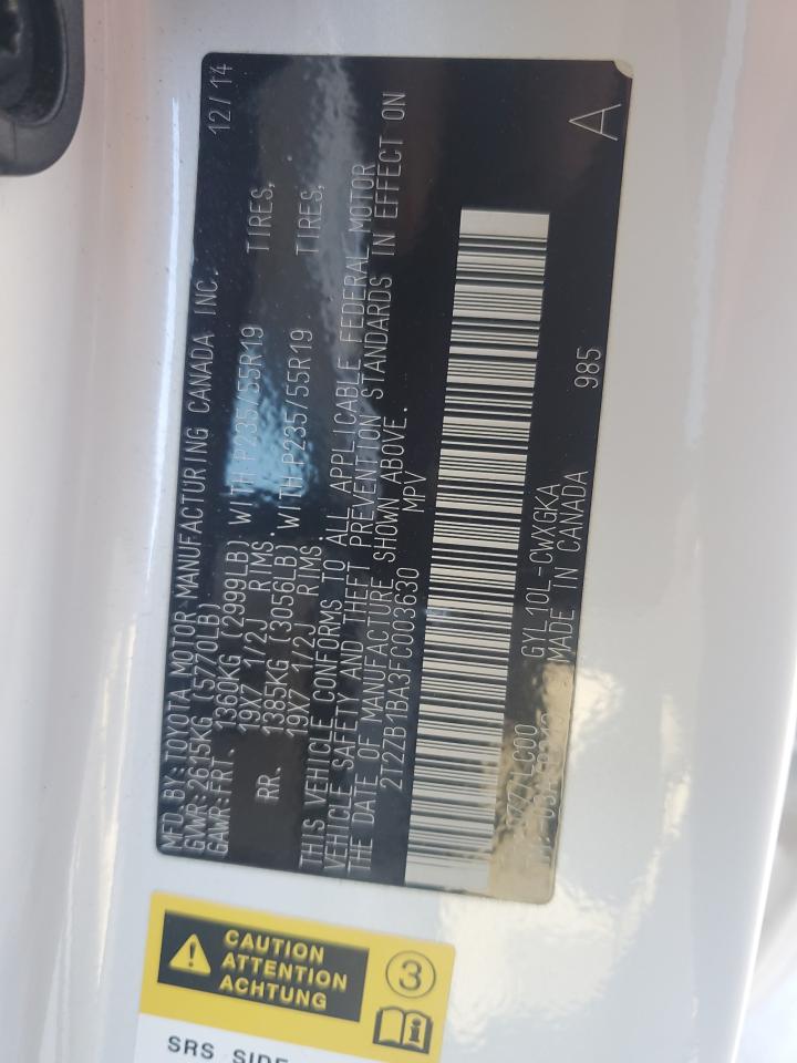 2015 Lexus Rx 450H VIN: 2T2ZB1BA3FC003630 Lot: 89564565