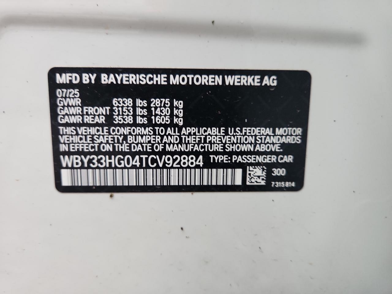 2026 BMW I5 xDrive 40 VIN: WBY33HG04TCV92884 Lot: 92026355