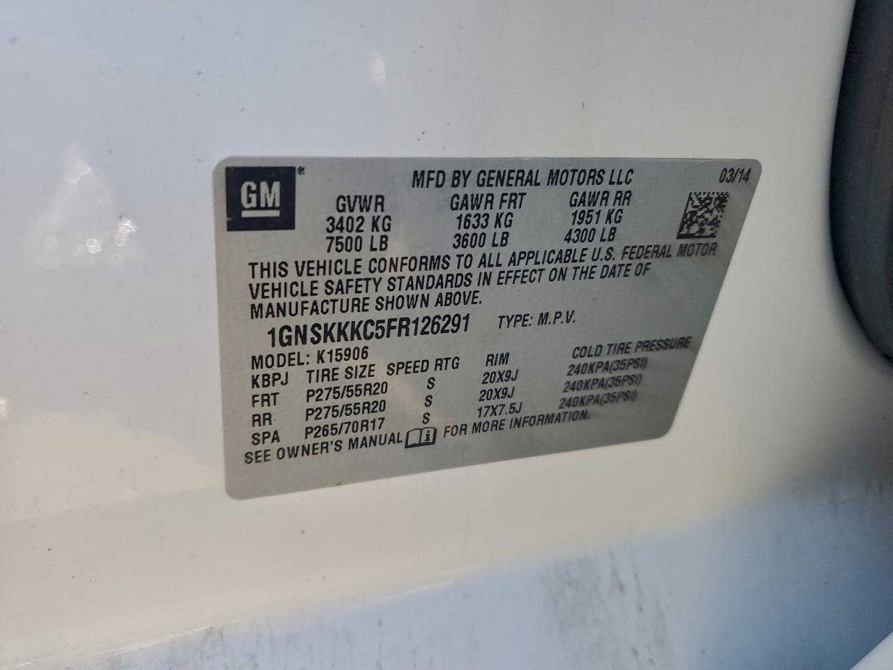 2015 Chevrolet Suburban K1500 Ltz VIN: 1GNSKKKC5FR126291 Lot: 94355075