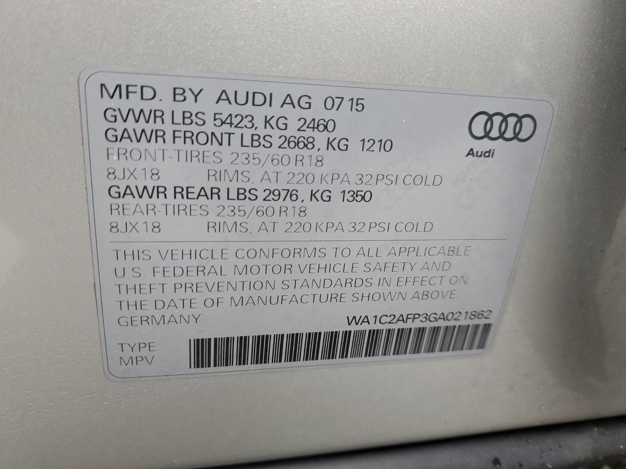 2016 Audi Q5 Premium VIN: WA1C2AFP3GA021862 Lot: 93559175