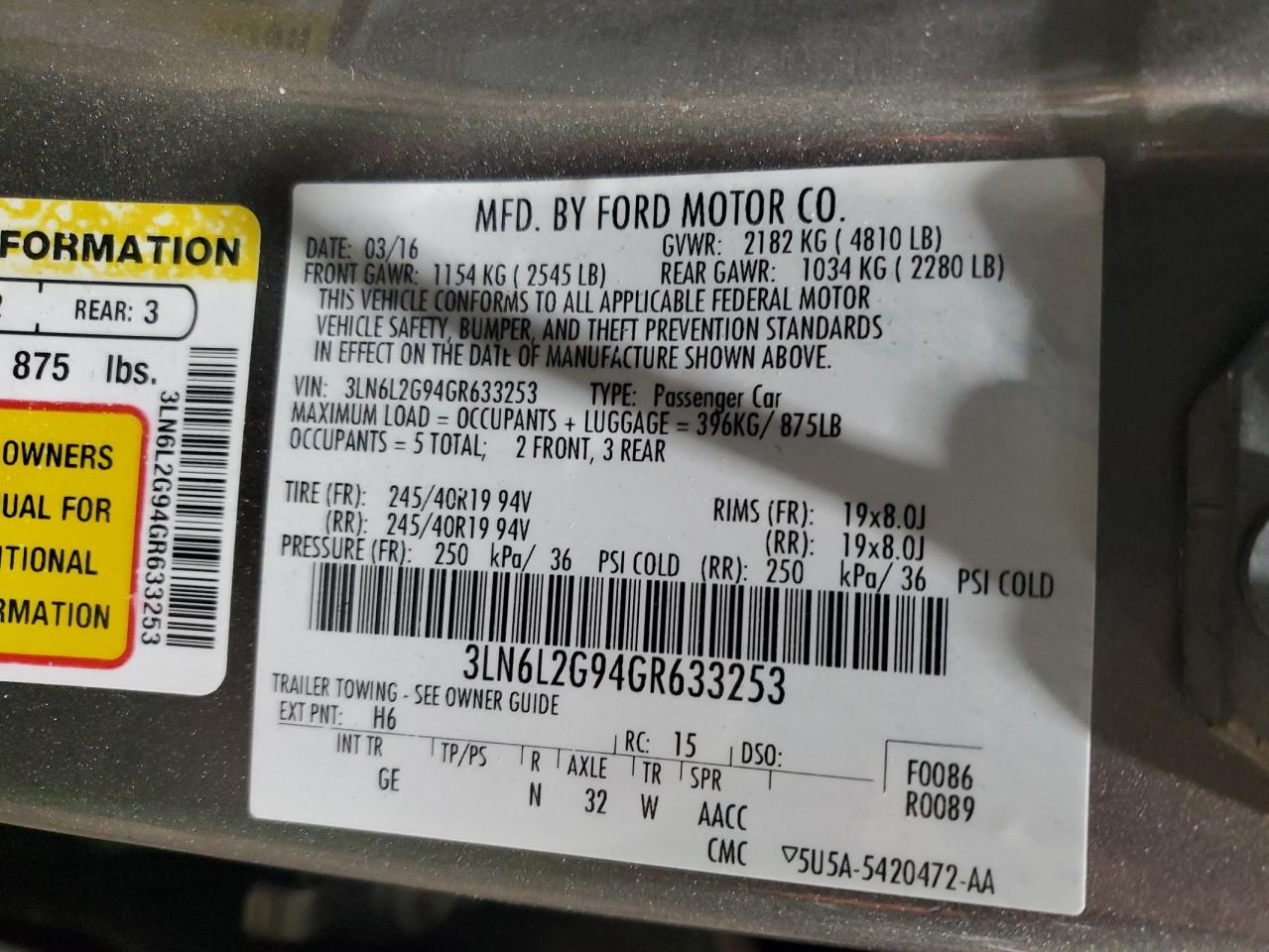 2016 Lincoln Mkz VIN: 3LN6L2G94GR633253 Lot: 93628935