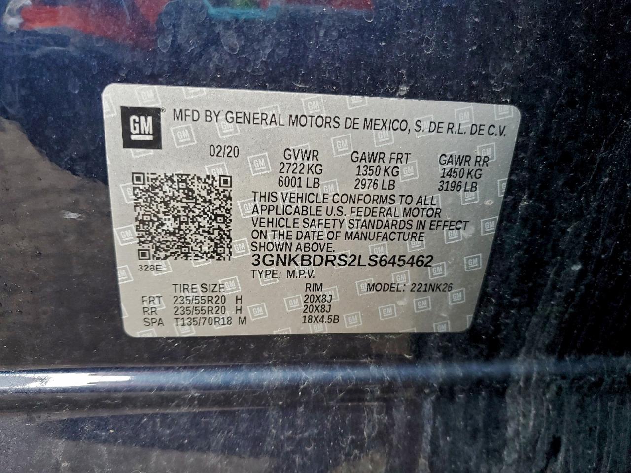 2020 Chevrolet Blazer 3Lt VIN: 3GNKBDRS2LS645462 Lot: 92804165