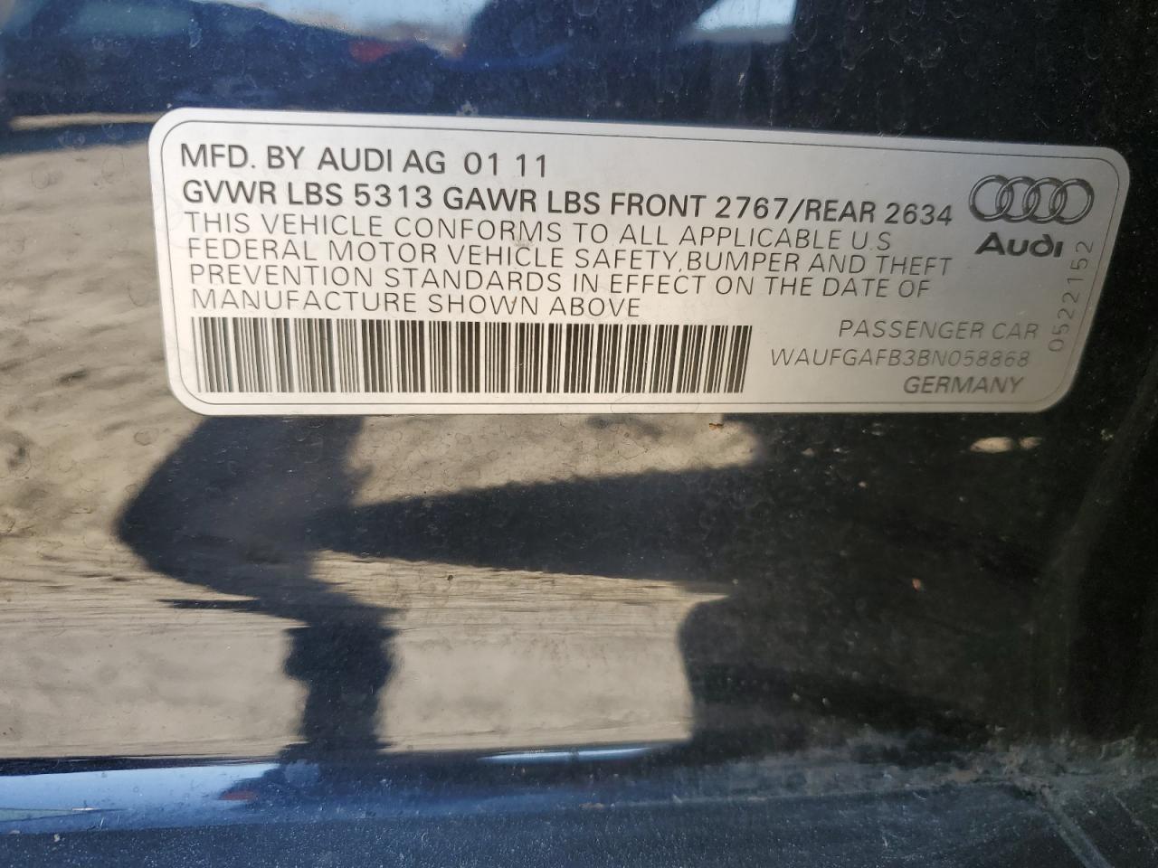 2011 Audi A6 Premium Plus VIN: WAUFGAFB3BN058868 Lot: 82119905