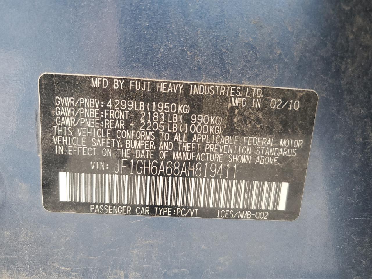 2010 Subaru Impreza 2.5I VIN: JF1GH6A68AH819411 Lot: 92505285