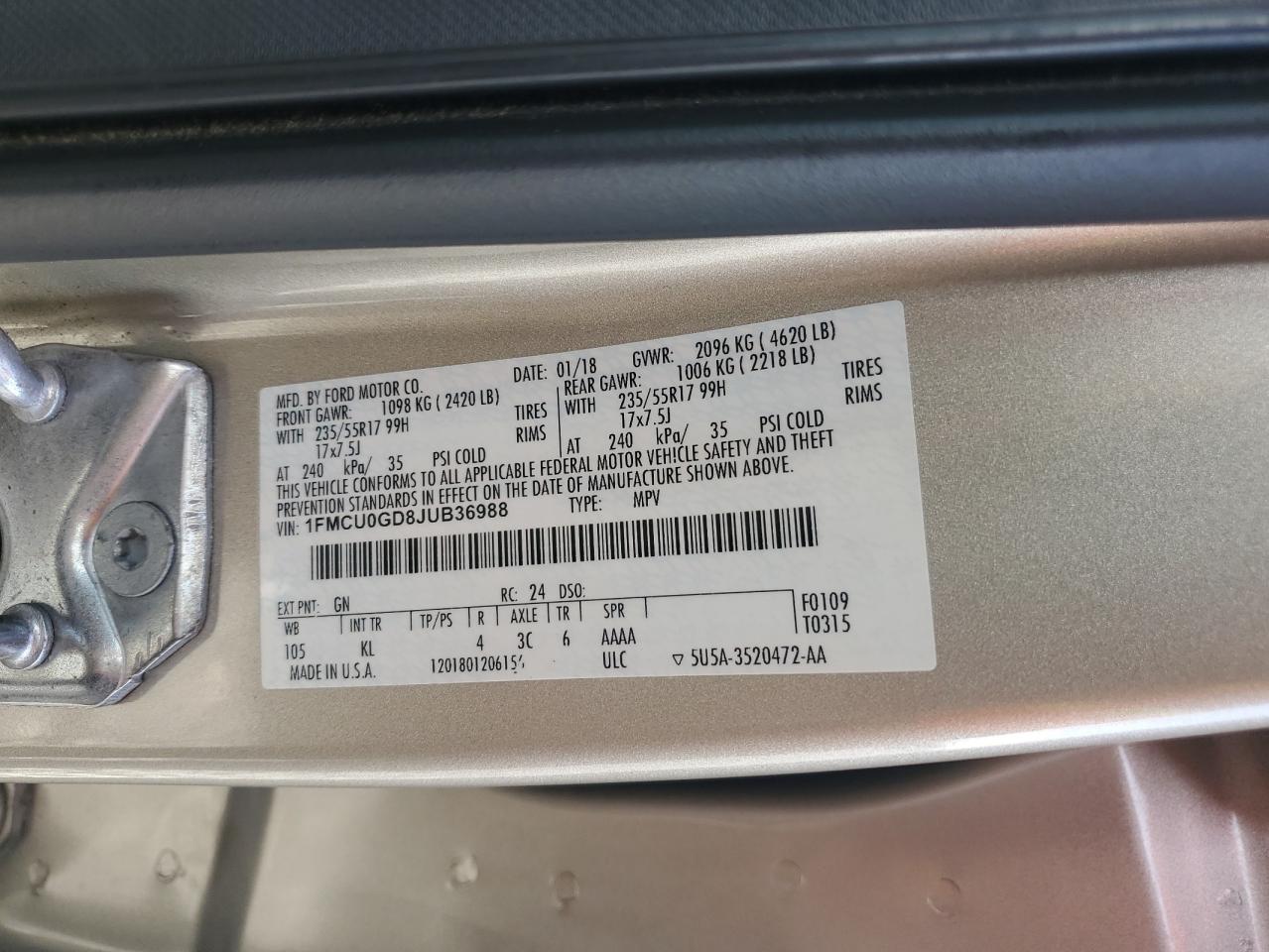 2018 Ford Escape Se VIN: 1FMCU0GD8JUB36988 Lot: 91741955