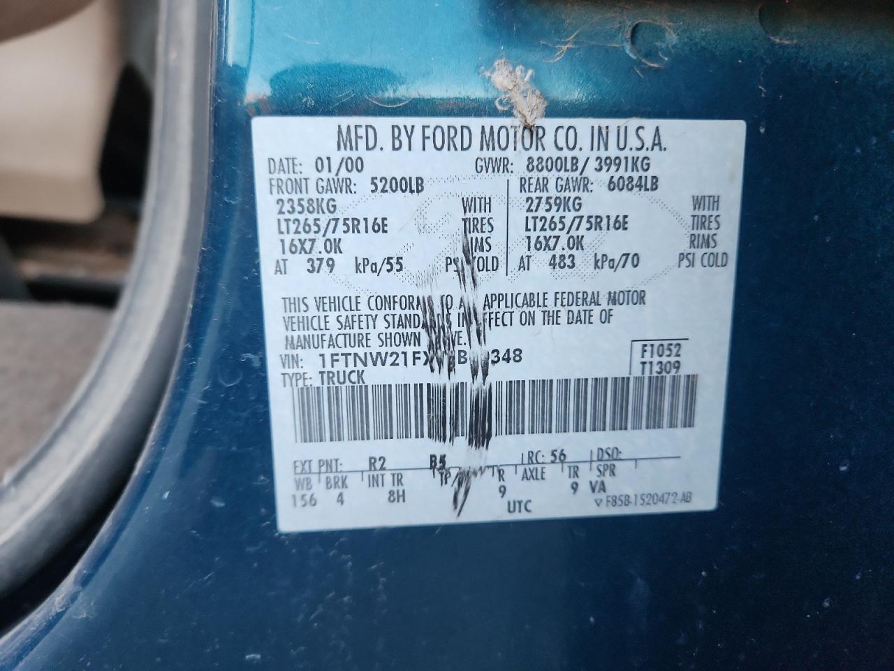 2000 Ford F250 Super Duty VIN: 1FTNW21FXYEB99348 Lot: 93327775