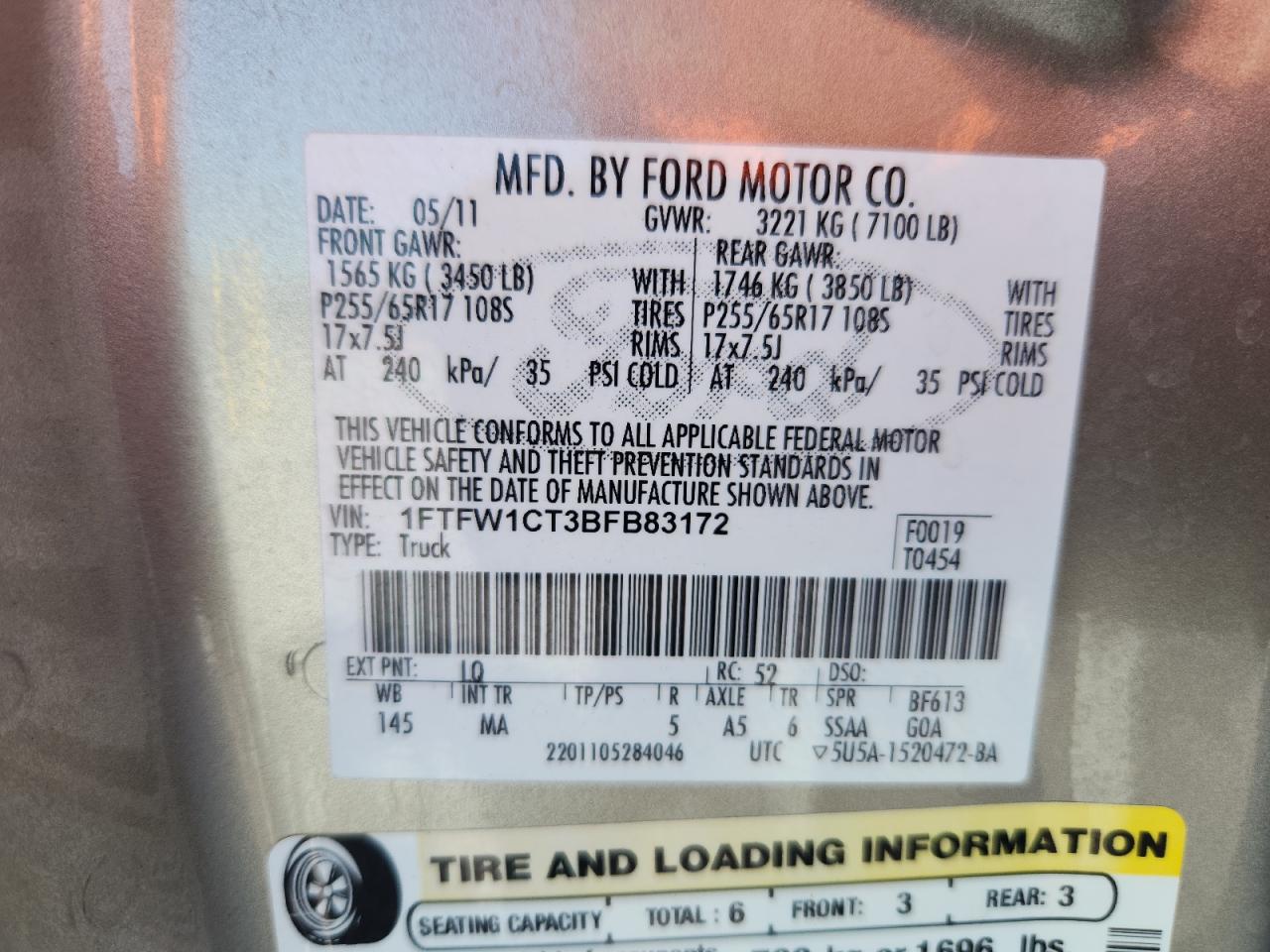 2011 Ford F150 Supercrew VIN: 1FTFW1CT3BFB83172 Lot: 93671855