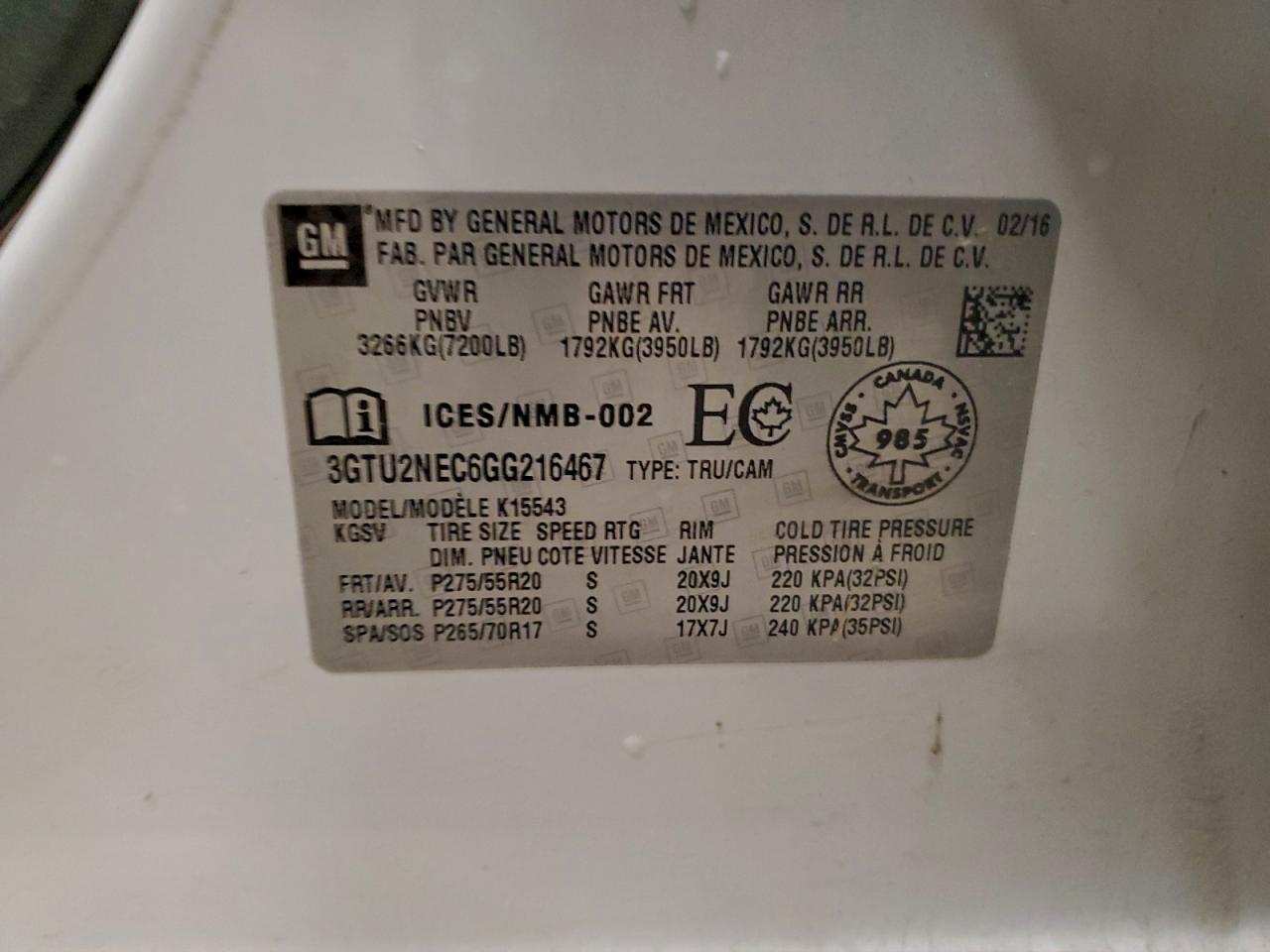 2016 GMC Sierra K1500 Slt VIN: 3GTU2NEC6GG216467 Lot: 94410985