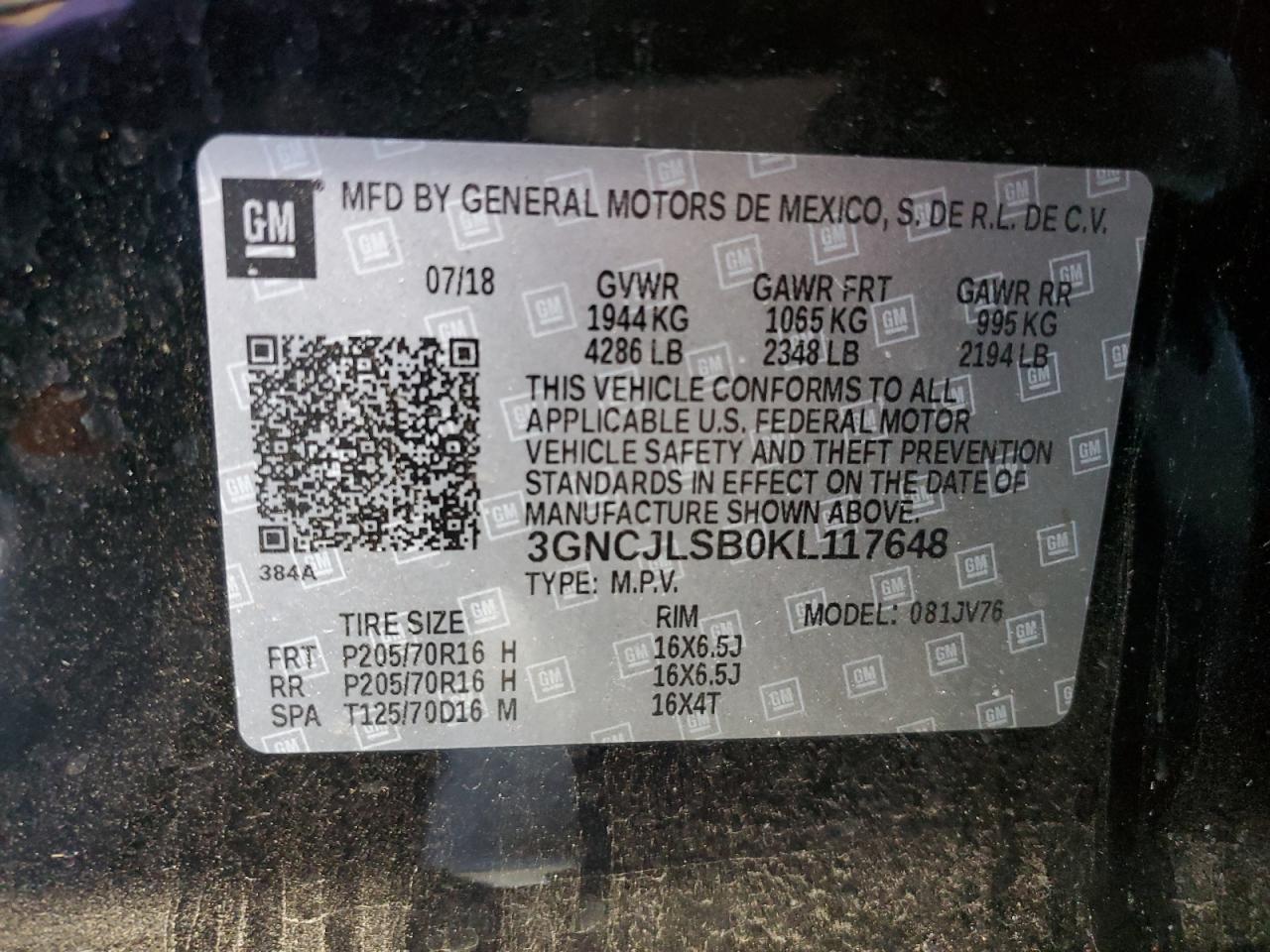 2019 Chevrolet Trax 1Lt VIN: 3GNCJLSB0KL117648 Lot: 92707175