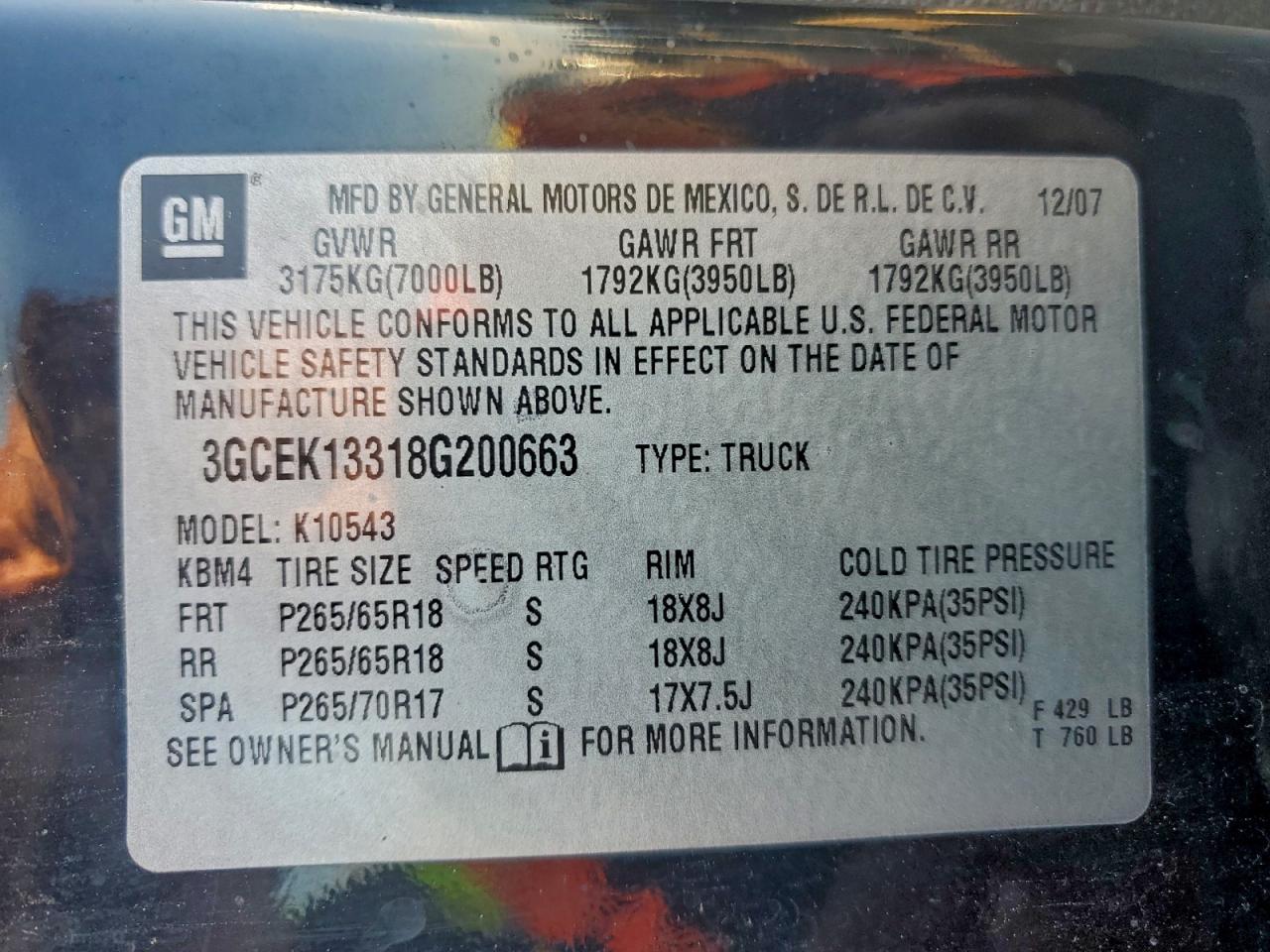 2008 Chevrolet Silverado K1500 VIN: 3GCEK13318G200663 Lot: 94165975