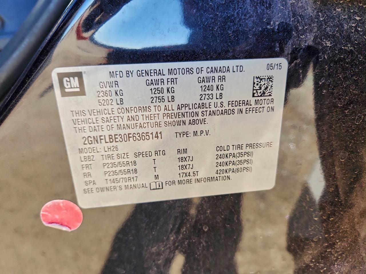 2015 Chevrolet Equinox Lt VIN: 2GNFLBE30F6365141 Lot: 94568375