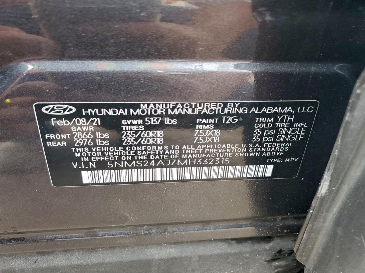 2021 Hyundai Santa Fe Sel VIN: 5NMS24AJ7MH332315 Lot: 93758095