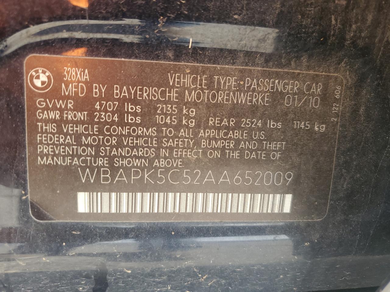 2010 BMW 328 Xi Sulev VIN: WBAPK5C52AA652009 Lot: 93421385