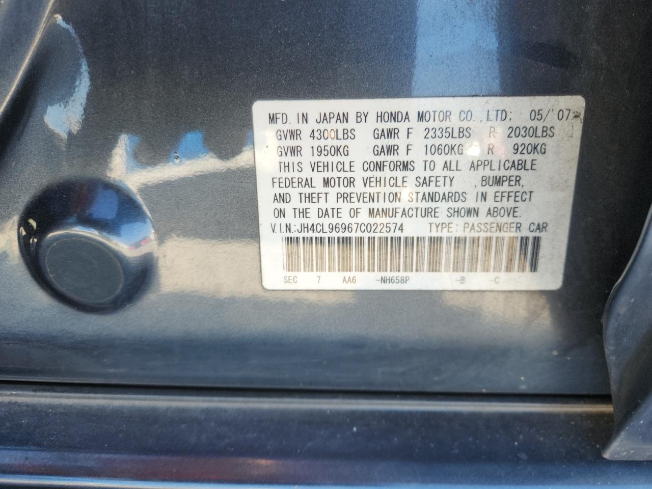 2007 Acura Tsx VIN: JH4CL96967C022574 Lot: 92444815