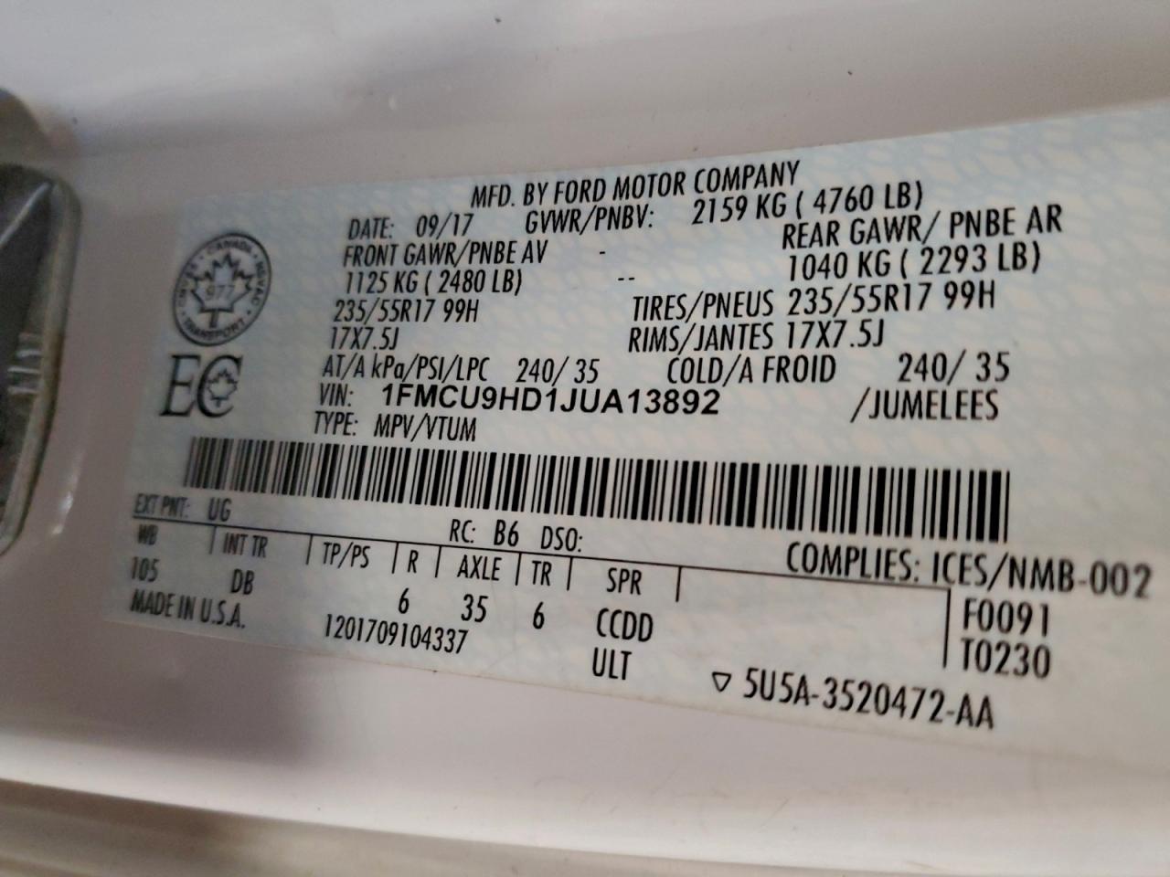 2018 Ford Escape Sel VIN: 1FMCU9HD1JUA13892 Lot: 94964105