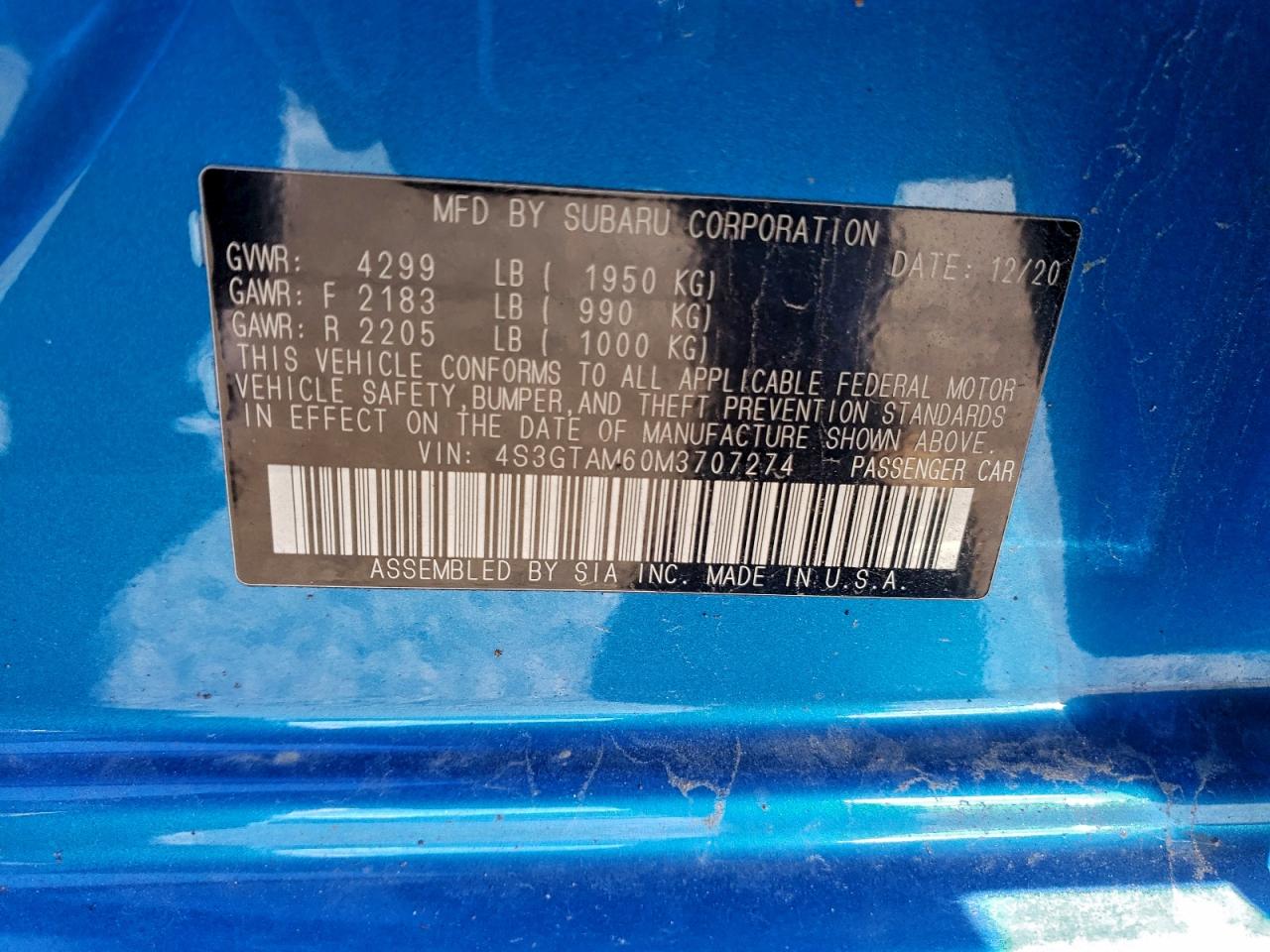 2021 Subaru Impreza Sport VIN: 4S3GTAM60M3707274 Lot: 93355195