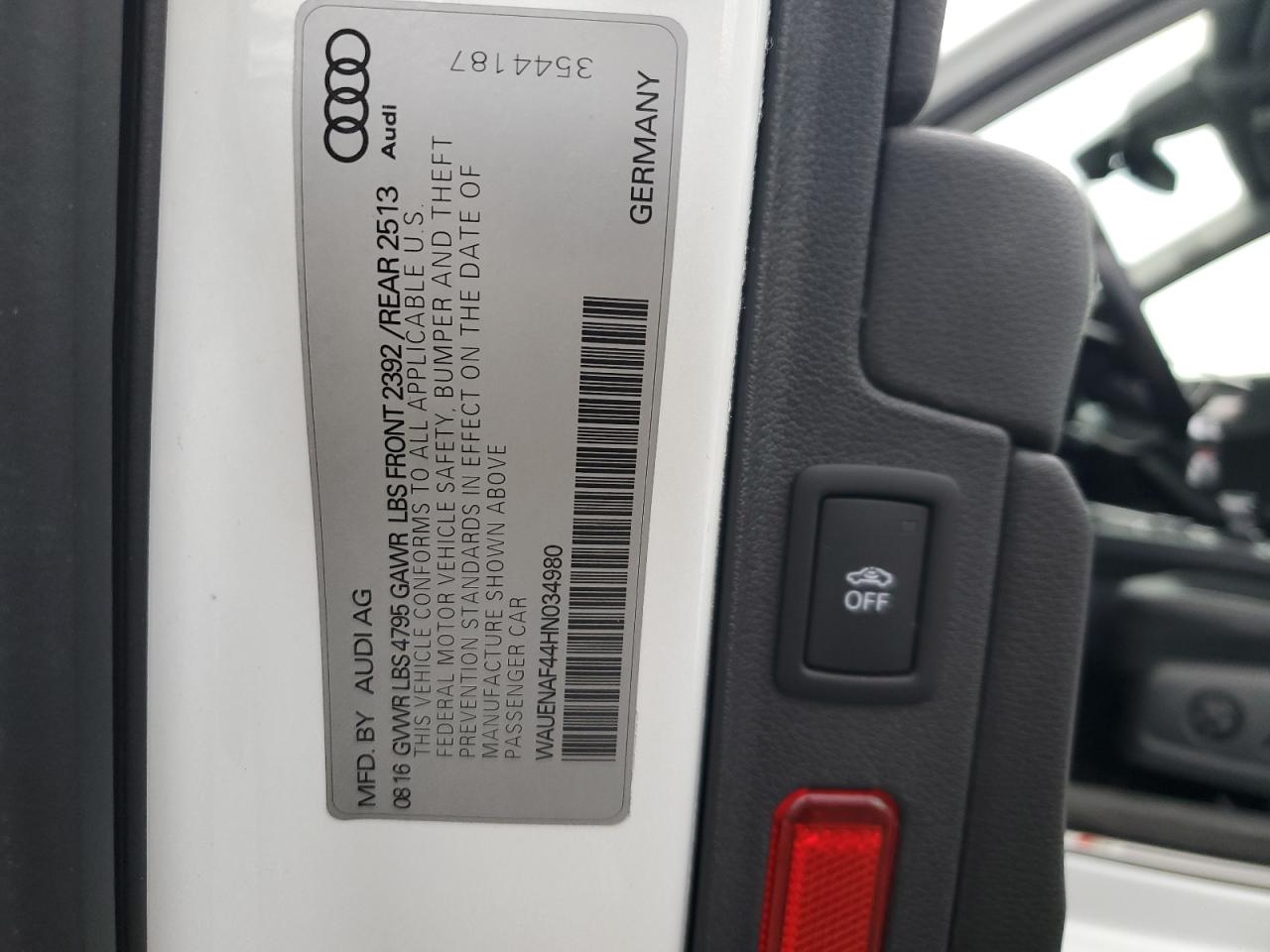 2017 Audi A4 Premium Plus VIN: WAUENAF44HN034980 Lot: 92062635