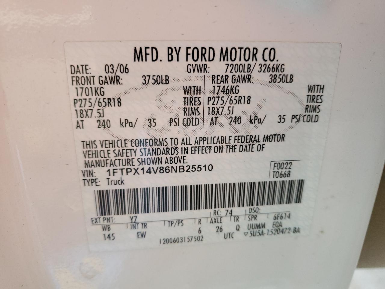 2006 Ford F150 VIN: 1FTPX14V86NB25510 Lot: 92834825