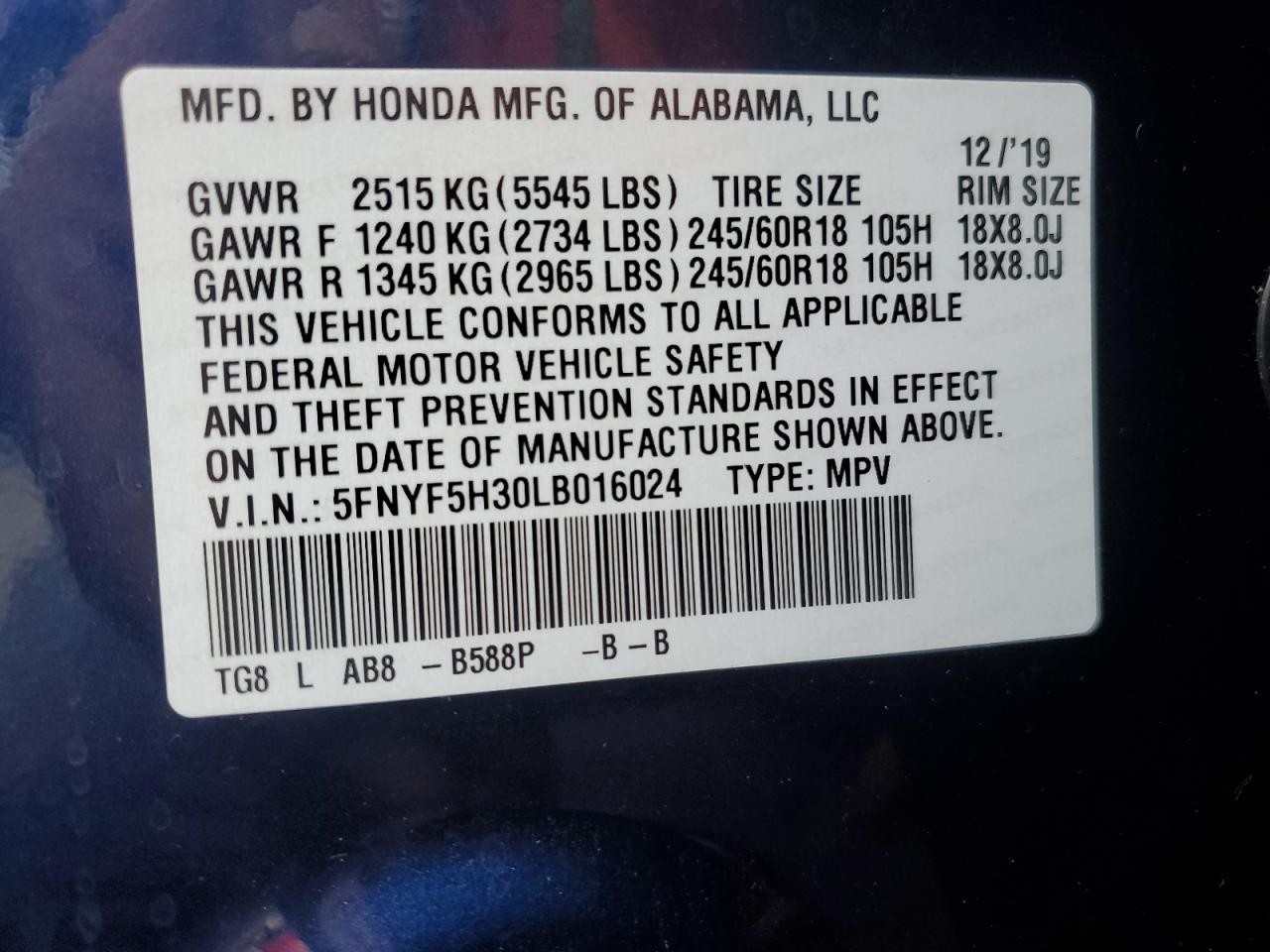 2020 Honda Pilot Ex VIN: 5FNYF5H30LB016024 Lot: 91412135