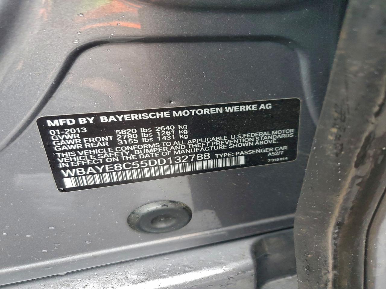 2013 BMW 750 Li VIN: WBAYE8C55DD132788 Lot: 93476065