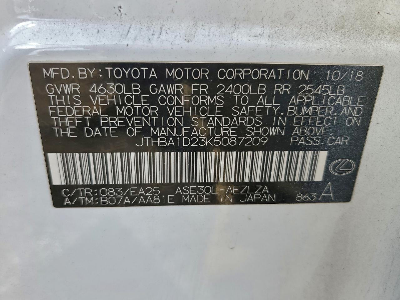 2019 Lexus Is 300 VIN: JTHBA1D23K5087209 Lot: 93887945