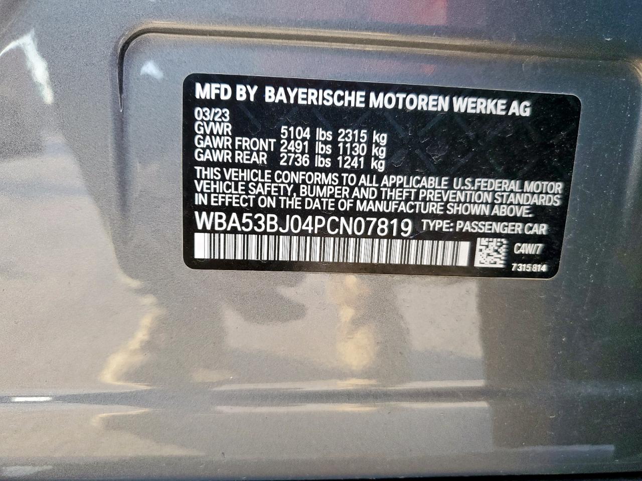 2023 BMW 540 I VIN: WBA53BJ04PCN07819 Lot: 92951075