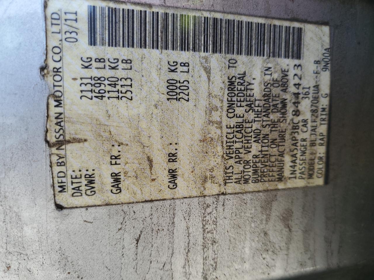 2011 Nissan Maxima S VIN: 1N4AA5AP3BC844423 Lot: 91353005