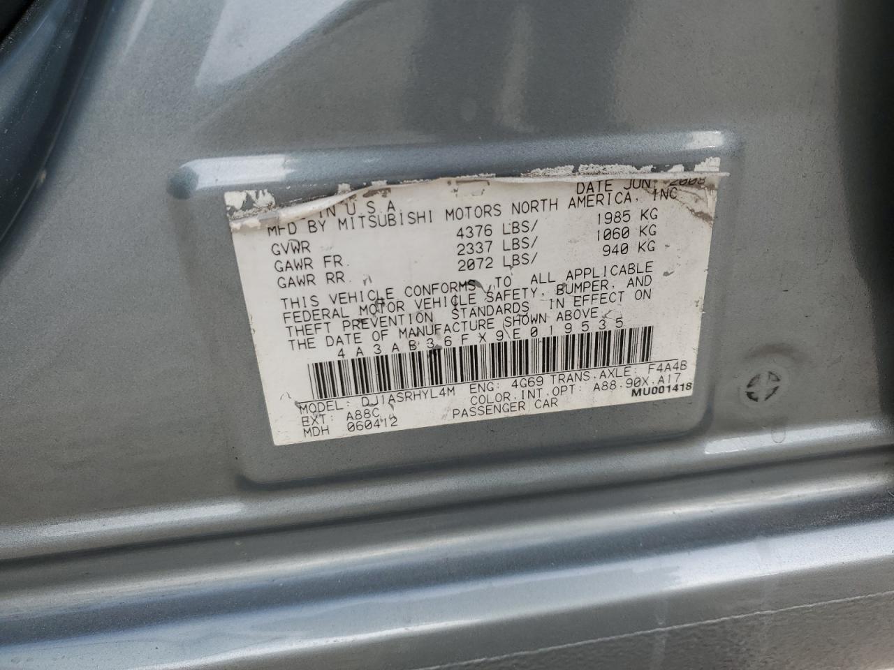 2009 Mitsubishi Galant Es VIN: 4A3AB36FX9E019535 Lot: 91940265