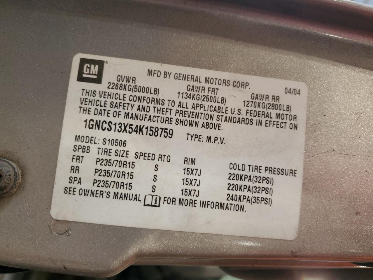 2004 Chevrolet Blazer VIN: 1GNCS13X54K158759 Lot: 90681175