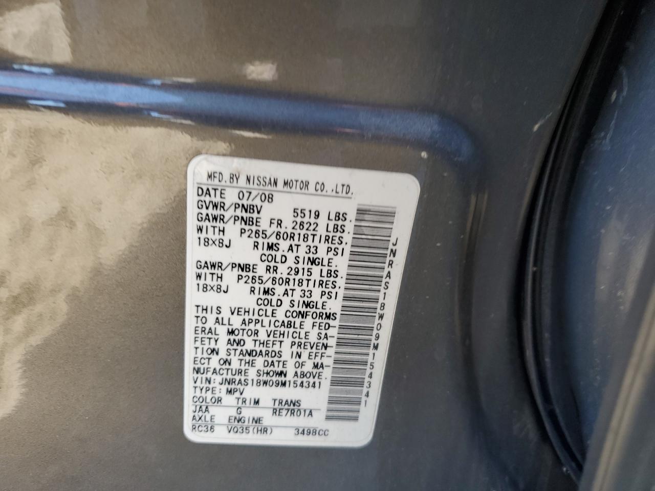 2009 Infiniti Fx35 VIN: JNRAS18W09M154341 Lot: 92455855