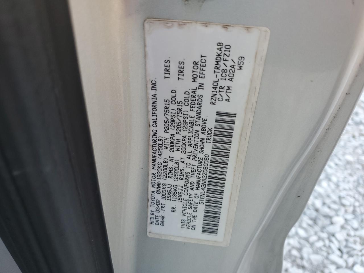 2002 Toyota Tacoma VIN: 5TENL42N82Z060060 Lot: 92431795