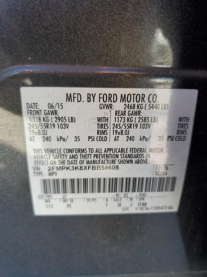 2015 Ford Edge Titanium VIN: 2FMPK3K8XFBB58605 Lot: 91120165