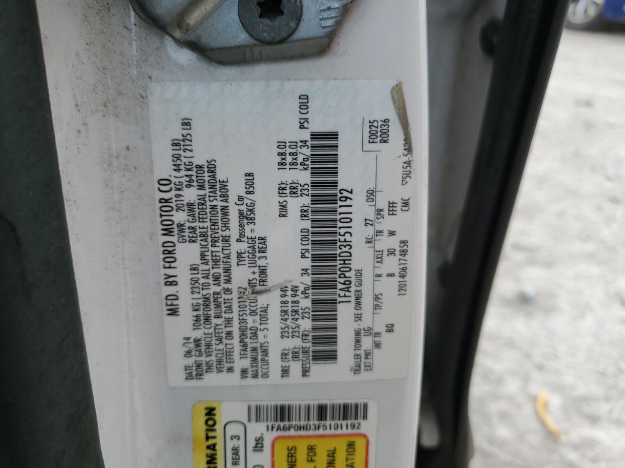 2015 Ford Fusion Se VIN: 1FA6P0HD3F5101192 Lot: 93458325