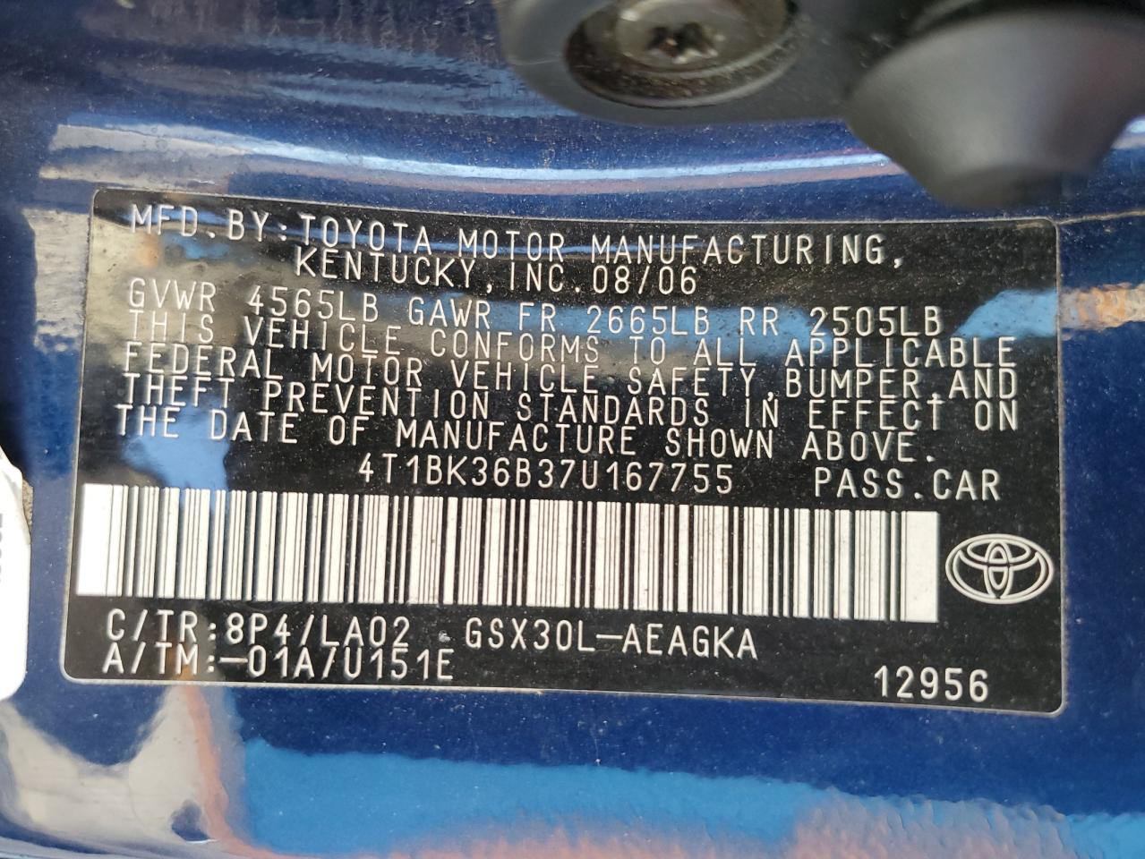 2007 Toyota Avalon Xl VIN: 4T1BK36B37U167755 Lot: 93262775