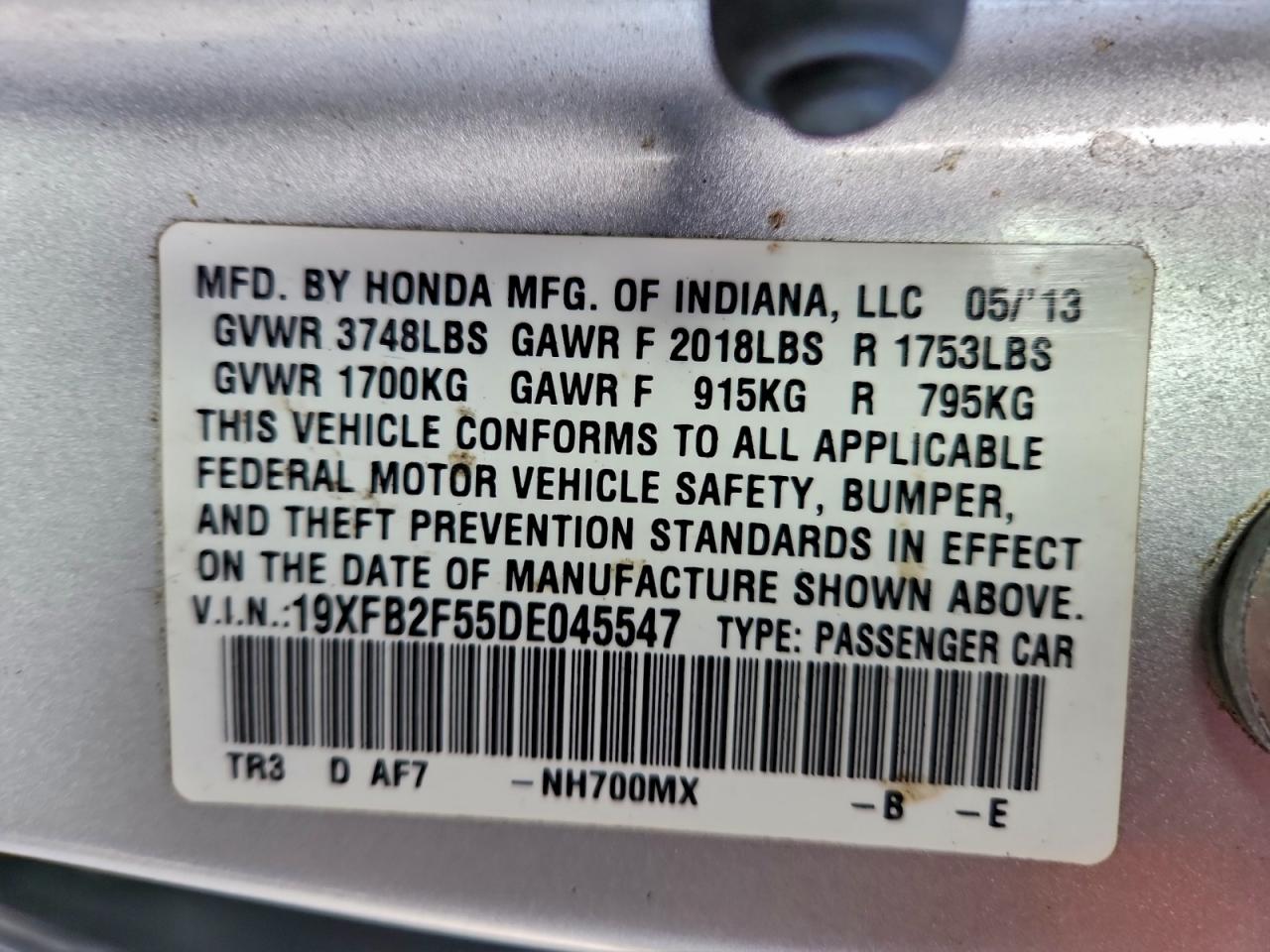 2013 Honda Civic Lx VIN: 19XFB2F55DE045547 Lot: 94523595