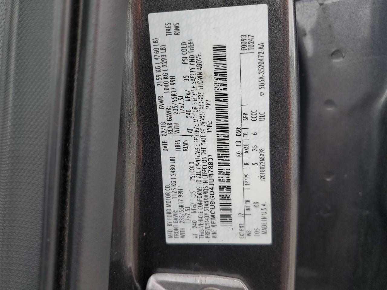 2018 Ford Escape Se VIN: 1FMCU9GD4JUB78837 Lot: 91487925