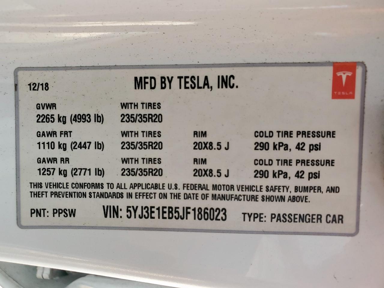 2018 Tesla Model 3 VIN: 5YJ3E1EB5JF186023 Lot: 93720005